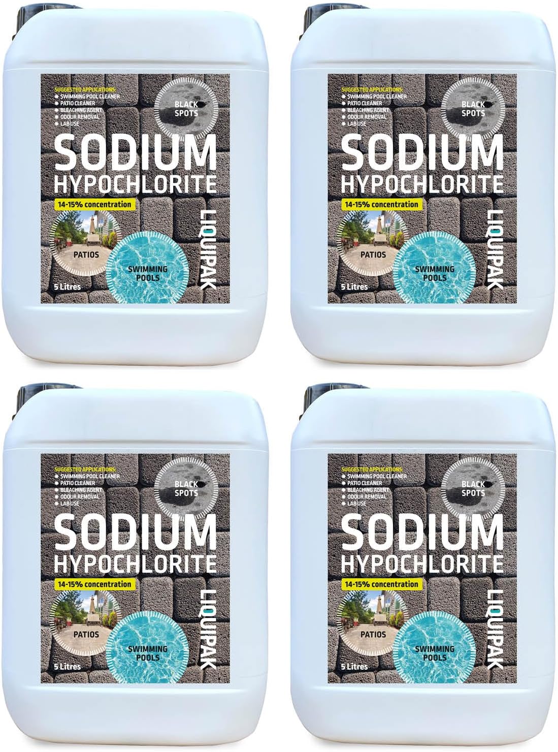 Liquipak Sodium Hypochlorite 20 Litres Patio Cleaner (4x5L) | High Strength 14-15% Concentration | Swimming Pool Liquid Chlorine & Black Spot Remover | Bleach Solution