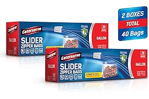 CATERSERVE 40 Ziplock Bags – 1Gallon Large Freezer Bags – Resealable Slider zip – Stand and Fill Expandable Bottom – Freezer and Microwave Safe, Heavy Duty BPA Free Plastic