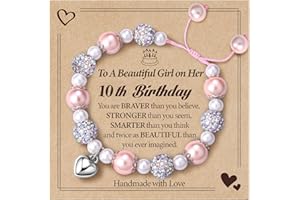 CASSIECA Birthday Gifts for 3-16 Year Old Girls, Pink Pearl & CZ Ball Bracelets Adjustable with Heart Charms for 3-16 Year Old Girl Gifts, Girls Gifts Age 3-16 for Daughter Niece (Gift Box Given)