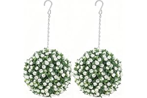 FOCEFEC Christmas Artificial Hanging Plants, 28cm Artificial Leaf Hanging Ornaments, 2pack Garden Plant Decorative Balls for Indoor Outdoor Use, UV Fade Protected, Pre-Attached Chain with Hook, White Flower