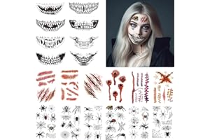 BOYATONG Tatuaż na Halloween, 20 arkuszy, kostium dla kobiet i mężczyzn, przerażające akcesoria diabeł, zombie, wampir, szkielet, dla dzieci i dorosłych, sztuczne tatuaże