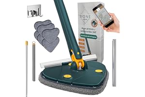 BIONE HOME Bione Serpillère triangulaire auto-essorante avec 6 serpillières et raquette de nettoyage de vitres - Serpillère auto-essorante rotative à 360 °
