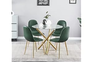 paonne Round Glass Dining Table and Chairs Set 4, Modern Glass Dining Table with Chairs Set, Round Glass Dining Table Set for 4 People