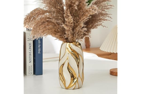 OTARTU Krämvit keramisk vas för blommor, gyllene blomvas, modern vit vas, heminredning, liten vas, keramisk vas för pampasgräs, dekorativ vas, för bondgård, soffbord, bokhylla
