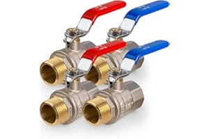 VANCOCO Kugelhahn 1/2 Zoll AG-IG, 4er Set, Absperrhahn aus Messing, Hebelgriff blau und rot, PN-40, für Wasser, Gas, Sanitär