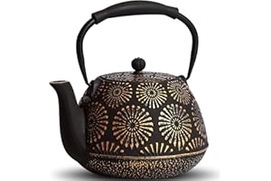 MILVBUSISS Théière en fonte de grande capacité de 1200 ml avec infuseur pour plaque de cuisson, théière japonaise Sakura pour feuilles mobiles, revêtement intérieur émaillé, poignée en silicone, noir