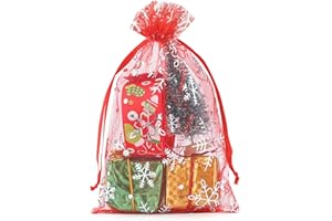 G2PLUS 13x18 CM Organzasäckchen Weihnachten Rot, 50 Stück Groß Geschenk Organzabeutel, Schneeflocke Organzasäckchen mit Kordelzug für Geschenk Weihnachten Deko