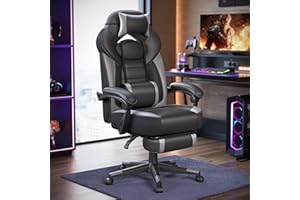 SONGMICS Gaming Chair, Office Racing Chair with Footrest, Desk Chair, Ergonomic Design, Adjustable Headrest, Lumbar Support, 150 kg Load Capacity, Black and Grey OBG77BGUK