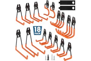 BONTEC 18 Pack Heavy Duty Orange Garage Storage Hook, Steel Wall Mount with Anti-Slip Coating, Holds 211kg Brick 502kg Drywall, U J S Designs for Tool Storage, Bike Hook, Ladder Mount, Easy Install