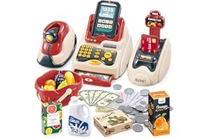 deAO Cash Register for Kids, Toy Till Cash Register with Scanner, Credit Card,Play Food,Money and Groceries Shopping Basket for Boys and Girls