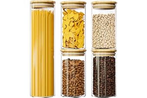 TUSEASY Botes de Cristal con Tapa Cocina Almacenaje Juego de 5, 1150ml/520ml Tarros Frascos de Vidrio Borosilicato para Espaguetis Pasta