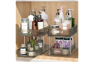Fowooyeen Unterschrank Organizer, Schrank Organizer Küche, 2er Set Unter Waschbecken Regal, Schmaler Küchenschrank Organizer, Ausziehbares Standregal für Hängeschrank, Spüle & Bad - Transparent Grau