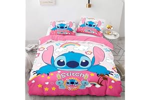 DELLIOP Funda nórdica Lilo & Stitch para niña | Cubierta de edredón con Cremallera + 2 Fundas de Almohada de 50 x 75 cm | Rosa, Individual (90x190)