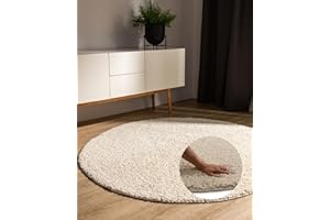 ‎BENUTA benuta Basic Hochflorteppich Teppich Wohnzimmer Sohari - Creme 200 cm Rund - Minimalistischer Look - Weich & Waschbar - Für Schlafzimmer, Flur oder Esszimmer - Geeignet für Fußbodenheizung