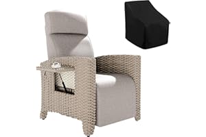 Fiutazge Tumbonas Jardin de Ratán con Respaldo Regulable,Sillon Relax Reclinable,Chaise Longue con Funda Sillas Jardin, para Terraza y Patio,Marrón Ratán y Cojín Beige,Mesa Pequeña-Lado Derecho