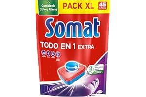 Somat Todo en 1 Extra Pastillas (1 x 45 tabs), detergente lavavajillas anti-olor para vajilla, pastillas lavavajillas para ciclos eco y cortos, eliminan la suciedad incrustada
