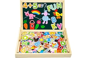 MOVEONSTEP Wooden Magnetic Puzzle 115 pcs Double Magnetic Puzzle Board Animal and number patterns Educational Drawing Easel Blackboard Wood Toys for Boys Girls Kids Toddler 3+ Year Olds
