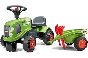 Falk - Porteur Tracteur Claas avec remorque - Dès 12 Mois - Fabriqué en France - Pelle et râteau Inclus - 2 Styles de Personnalisation - Plaque d'immatriculation Personnalisable - 212C