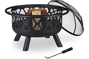 Relaxdays Brasero avec Protection étincelles, Jardin et terrasse, tisonnier, Foyer extérieur, en Acier; D 75 cm, Noir