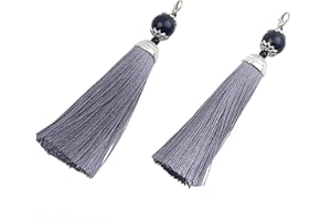 Makhry 10pcs 4.5 Inch Handmade Silky Floss Lobster Clasp Tassel Key chain Beads Bookmark Tassel Pendant for DIY Craft Jewelry Women Earring(Grey, Short)
