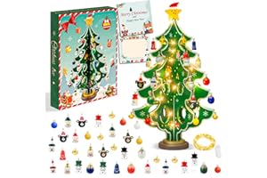 FFZZKJ Advent Calendar 2025 Kids Wooden Christmas Tree with 36 Ornaments and Fairy Lights for 24 Days Countdown, Christmas Table Decoration, Christmas Decorations