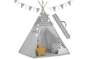 Nukido Tipi Tienda de campaña para niños de algodón, Juguete para Interiores y Exteriores, Dos Almohadas, Estera Aislante, lámpara LED, Tienda India Wigwam, Madera de álamo, 120 x 120 x 165 cm, Gris