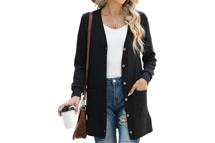 GRECERELLE Womens Cardigan Long Sleeve Open Front Cardigans Button Down V Neck Ribbed Knit Lightweight Outerwear with Pocket