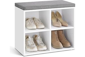 VASAGLE Banco Zapatero, Mueble Zapatero, Banco Recibidor con 4 Compartimentos y Asiento Acolchado, 30 x 105 x 48 cm, Entrada, Dormitorio, Sala de Estar, Blanco y Gris LHS234W01