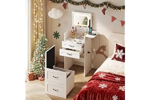 YOSHOOT Dressing Table with Flip-top Mirror LED Lights Socket Strip, Makeup Table for Small Spaces, Small Vanity Desk Set with Fold-up Panel, Cushioned Storage Stool for Bedroom, 50*40*90cm (White)