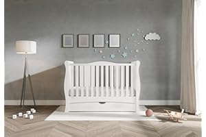 Viculii GILBERT Baby Sleigh Cot Bed with Drawer and Mattress 140x70x10cm | 3 in 1 Large White Cot Bed Converts to Toddler Bed Junior Bed