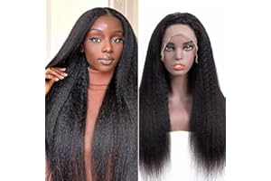 ZEALADY Perruque Naturelle Cheveux Humain Yaki Perruque Cheveux Humain Densite 180% Perruque Bresilienne Lace Frontal Wig Human Hair Yaki Straight 18 Pouces Noir Naturel（45cm）