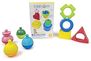 Lalaboom - 4 Géo-Formes et Perles de Motricité - Jouet d'Éveil - Jeu de Construction Formes et Couleurs Assemblage - De 10 Mois à 4 Ans - 12 Pièces, BL660