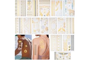 MMDBD 15 Fogli Tatuaggi Temporanei Metallici, Adesivi Tatuaggio Temporanei, Falso Tatuaggi Tattoo Adesivi in ​​Oro Metallico Impermeabili per Donne Ragazze Festival Party