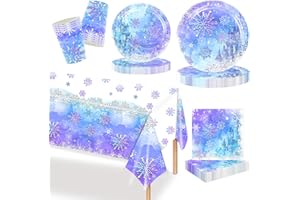 MORAINJAY 51 Stück Schneeflocken Partygeschirr Set, Pappteller Becher Servietten Blau Lila, Winter Geburtstag Weihnachten Tischdeko Partyzubehör