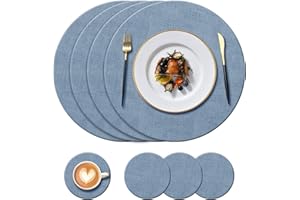 KERYCHIN Round Leather Place mats and Coasters Set, Heat-Resistant 212 °F, Non-Slip and Waterproof, Easy to Clean, PU Table Mats for Kitchen, Home, Restaurant, Dining Table, 8 Pieces (Blue)