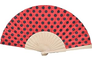Aries boutique Abanico de Madera flamenco español, Rojo con puntos Negro. Abanico de mano estilo español.