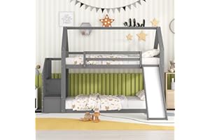 Ctastay Letto per Bambini Letto a Castello 90x200 con Scaletta e Scivolo e Contenitore, Letto Singolo con Rete e Contenitore per Scale, Pino, Grigio