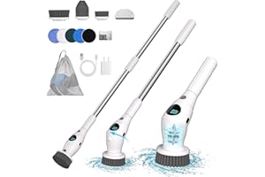 RealPlus Cepillo Electrico Limpieza Hogar, Cepillo Limpieza Electrico Giratorio Recargable con 7 Cabezales de Cepillo, Mango Ajustable, Adaptador, para Limpiar Baño/Cocina/Suelo/Bañera/Ventana/Coche