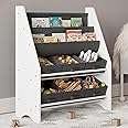 URBNLIVING MDF Wood & Fabric Children Kids Bookshelf Book Toy Organiser Storage Rack Bins Book Cabinet Display for Playroom, Bedroom, Toddler Room (White & Black)