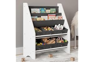 URBNLIVING MDF Wood & Fabric Children Kids Bookshelf Book Toy Organiser Storage Rack Bins Book Cabinet Display for Playroom, Bedroom, Toddler Room (White & Black)