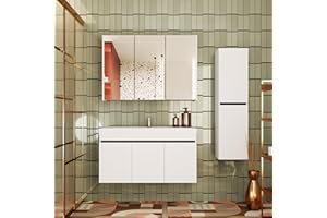 KAREN banyo Badmöbel Set Venus 100 Weiß | Keramikwaschbecken | Unterschrank | Spiegelschrank | Softclose-Türen & unsichtbare Griffe | Futuristischer Stil | Badezimmermöbel Waschtischunterschrank