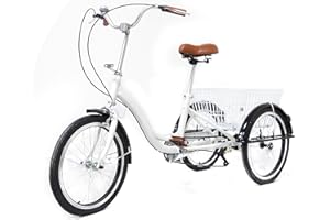 LENJKYYO Adult Tricycle 20 Inch, Bicycle with Basket, 3-Wheel Tricycle for Men, Women and Older, White, Carbon Steel Single Speed Bicycle