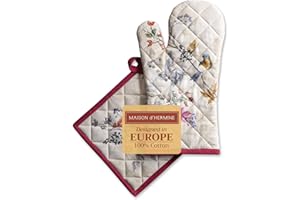 Maison d' Hermine Equinoxe - Beige 100% Coton - Gant de Four (19cm x 33cm) et maniques (20cm x 20cm) - pour Barbecue, Cuisson, Four à Micro-Ondes, Grillades, Thanksgiving/Noël