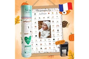 Keep'Love - Pack Affiche "Mes Premières Fois" à Tamponner + Tampon Dateur + Baguettes de Suspension - Cadeau de Naissance, Décoration Chambre Bébé, Cadeau Maman, Grand Format A3 (Modèle Renard)