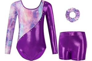 Gogokids Trykoty gimnastyczne dla dziewcząt z długim rękawem błyszczące stras jednostki taneczne rower z szortami dla 3-12 lat