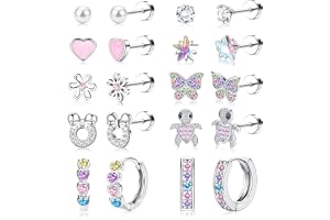 Adramata 10 par örhängen i kirurgiskt stål flickor 14K guldpläterade/silver allergivänliga örhängen barn kreoler flatback örhängen litet örhänge set hjärta blomma zirkon fjäril örhänge