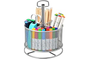 Marbrasse Organizer na Biurko,360 Stopni Uchwyt Obrotowy na DłUgopisy Z Siatki,Akcesoria na Biurko z 4 Przegrodami,Organizer Stacjonarny,Stojak do ArtykułóW Biurowych Domu (Silver)