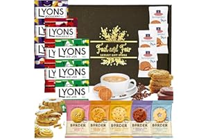 Fast and Fair UK Coffee Gift Set - Variety Selection of Lyons Coffee Bags Bundled with Border Biscuits and Indulgent Caramel Stroopwafels - 18 Items in Gold Embossed Gift Box