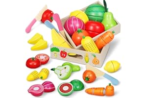 Pourbibi Wooden Toddle Play Food Toys for Children, Toy Kitchen Accessories for Grils Boys, Kids Role Play Toy Set with 16 DIY Stickers, Christmas or Birthday Gifts for 2 3 4 5 Years Old