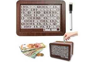 HELOVGE Hucha de Madera, Hucha con Contador, Hucha con Metas de Ahorro, Hucha con bolígrafo borrable, Hucha de Madera Retro, Huchas para Adultos y Niños, para Decorar,AhorrarDinero,Regalo 1000